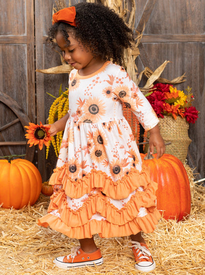 Little girls Fall long-sleeved dress with autumn floral print and tiered ruffle hem skirt - Mia Belle Girls