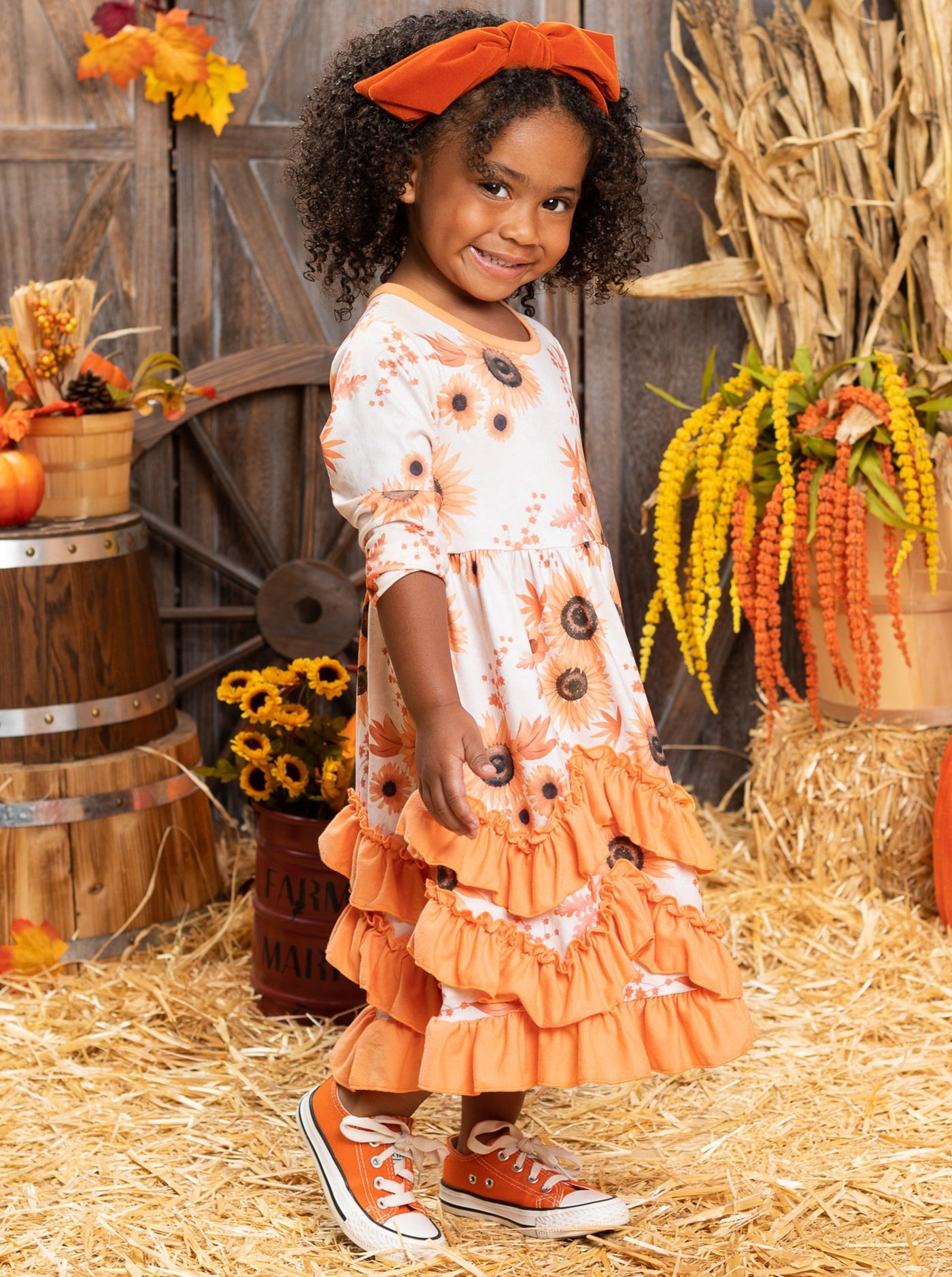 Little girls Fall long-sleeved dress with autumn floral print and tiered ruffle hem skirt - Mia Belle Girls