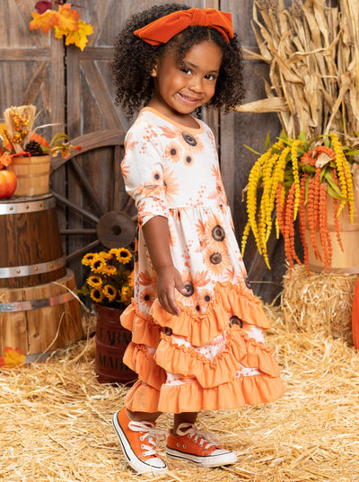 Little girls Fall long-sleeved dress with autumn floral print and tiered ruffle hem skirt - Mia Belle Girls