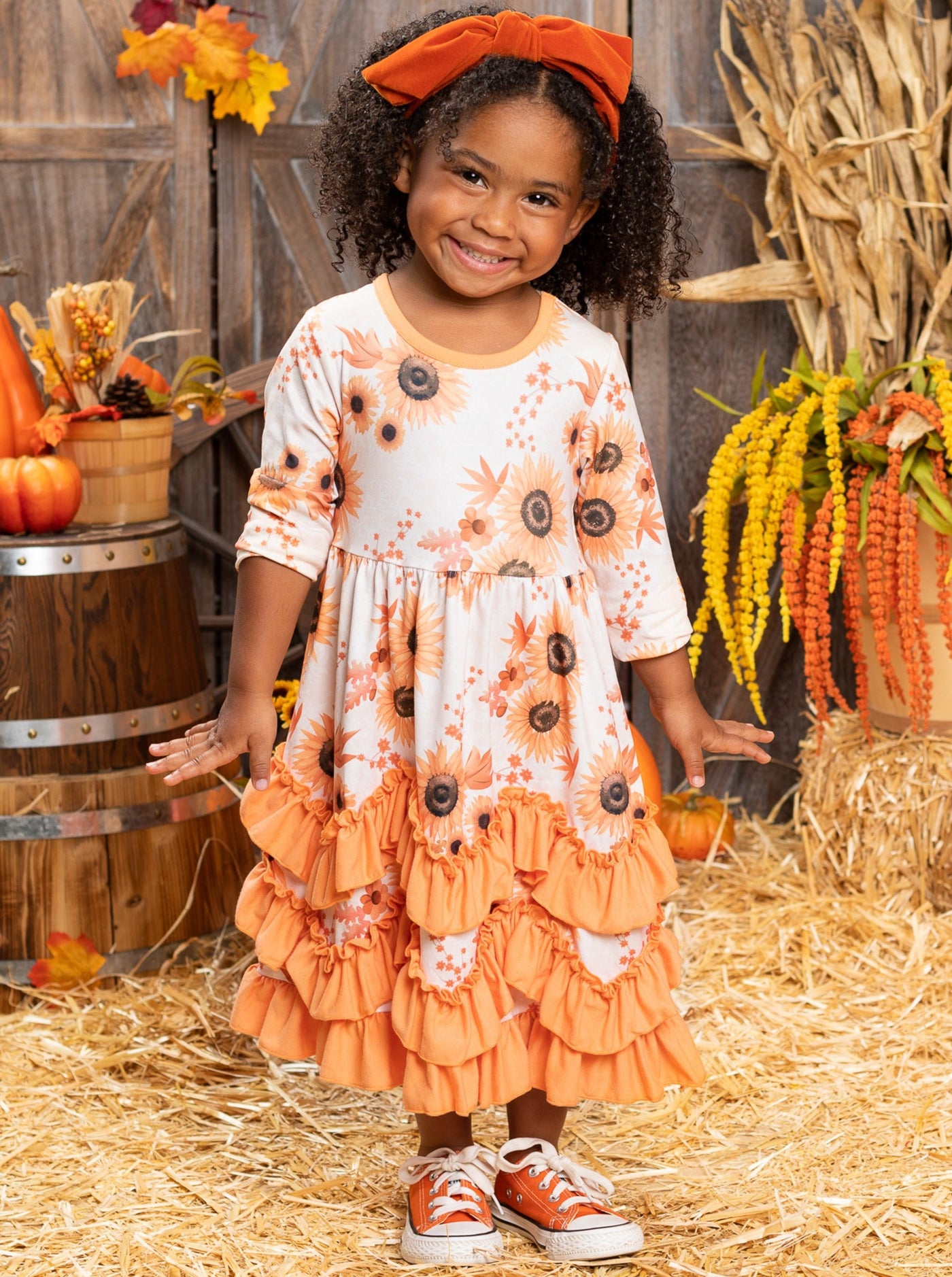 Little girls Fall long-sleeved dress with autumn floral print and tiered ruffle hem skirt - Mia Belle Girls