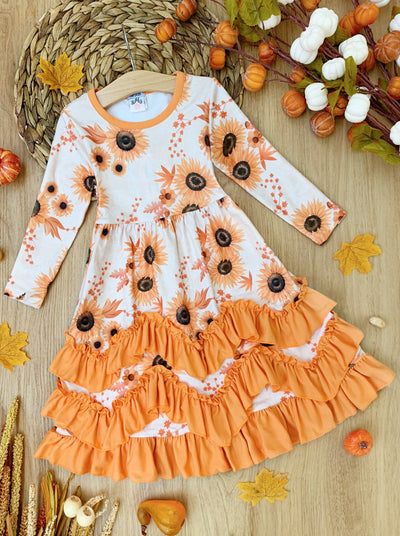 Little girls Fall long-sleeved dress with autumn floral print and tiered ruffle hem skirt - Mia Belle Girls