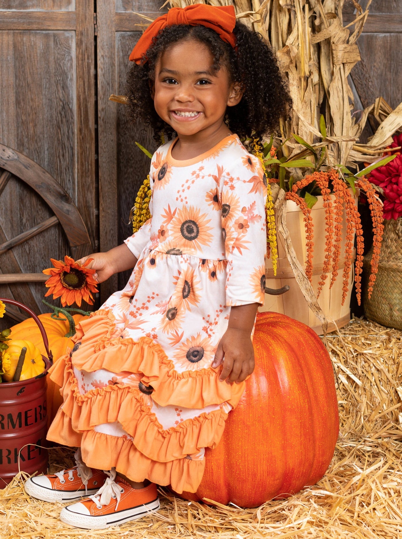 Little girls Fall long-sleeved dress with autumn floral print and tiered ruffle hem skirt - Mia Belle Girls