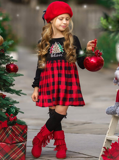 Girls "Believe" Long Sleeved Plaid Dress