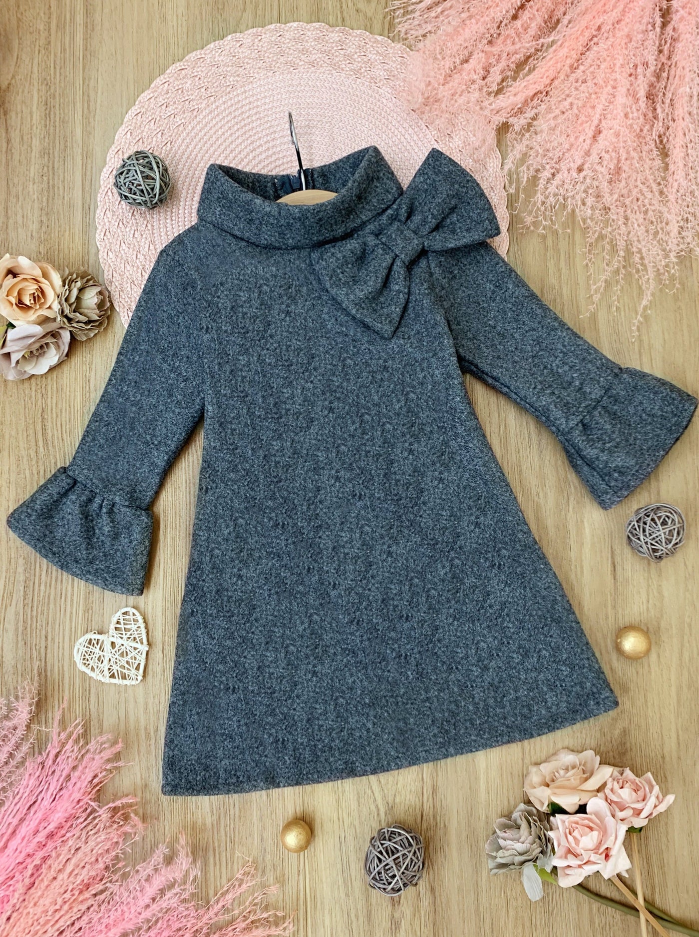 Little Girls Fall Bow Accent Grey A-Line Dress - Mia Belle Girls