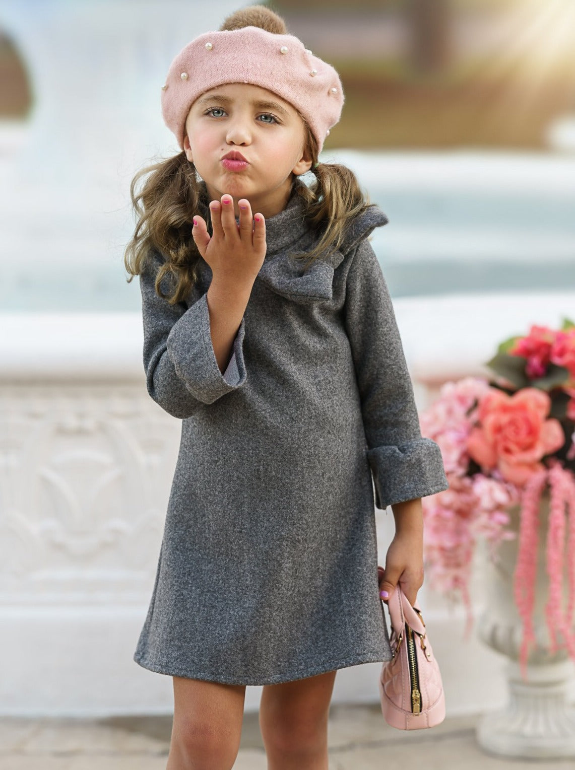Little Girls Fall Bow Accent Grey A-Line Dress - Mia Belle Girls