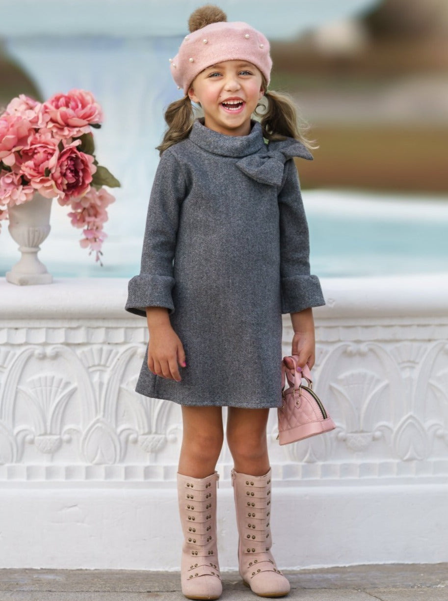 Little Girls Fall Bow Accent Grey A-Line Dress - Mia Belle Girls