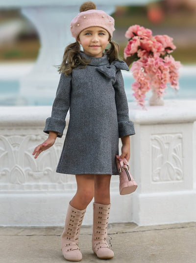 Little Girls Fall Bow Accent Grey A-Line Dress - Mia Belle Girls