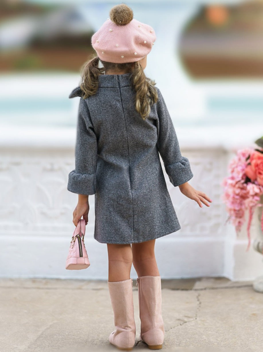 Little Girls Fall Bow Accent Grey A-Line Dress - Mia Belle Girls