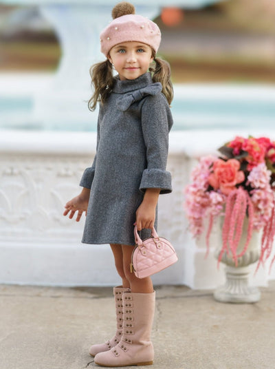 Little Girls Fall Bow Accent Grey A-Line Dress - Mia Belle Girls