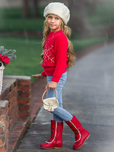 Cozy Winter Sweaters | Girls Red Snowflake & Pearls Fuzzy Sweater 