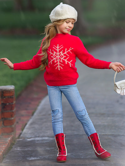 Cozy Winter Sweaters | Girls Red Snowflake & Pearls Fuzzy Sweater 