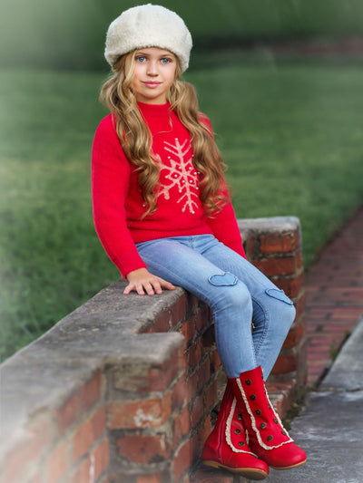 Cozy Winter Sweaters | Girls Red Snowflake & Pearls Fuzzy Sweater 