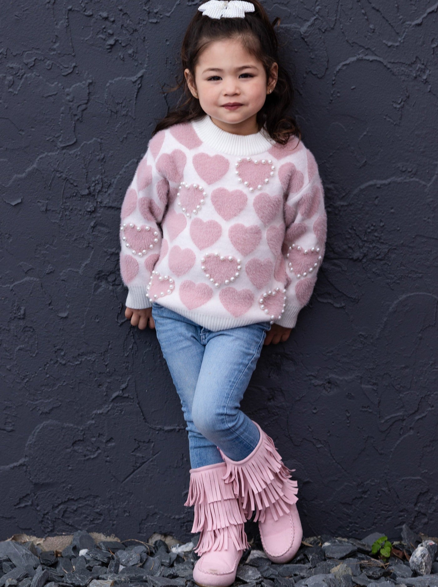 Kids Valentine's Clothes | Girls Heart Print Pearl Accent Knit Sweater