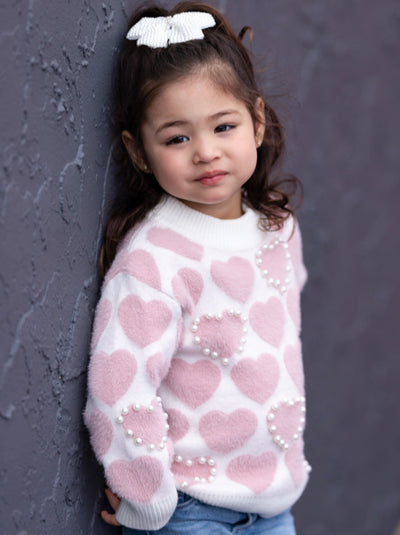 Kids Valentine's Clothes | Girls Heart Print Pearl Accent Knit Sweater