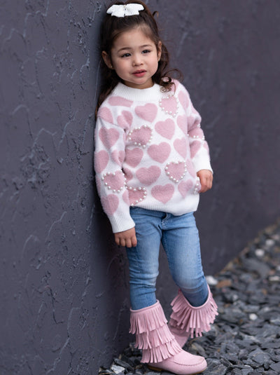 Kids Valentine's Clothes | Girls Heart Print Pearl Accent Knit Sweater