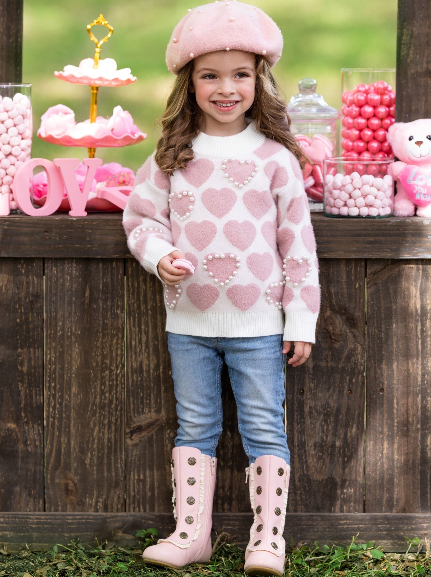 Kids Valentine's Clothes | Girls Heart Print Pearl Accent Knit Sweater