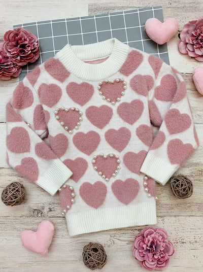 Kids Valentine's Clothes | Girls Heart Print Pearl Accent Knit Sweater