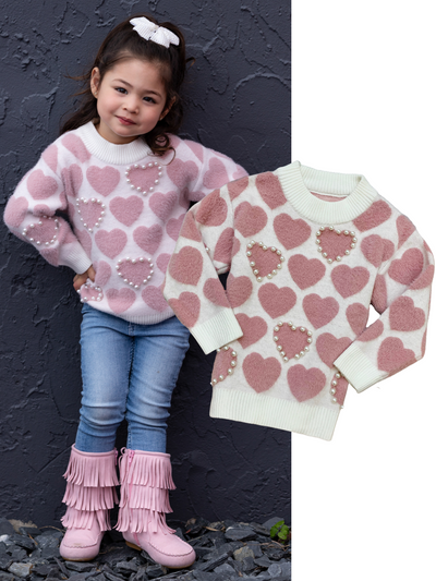 Kids Valentine's Clothes | Girls Heart Print Pearl Accent Knit Sweater