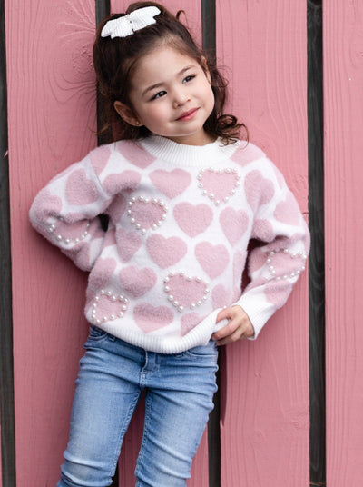 Kids Valentine's Clothes | Girls Heart Print Pearl Accent Knit Sweater