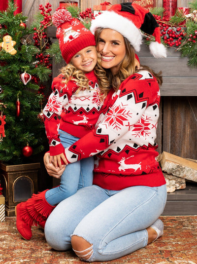 Mommy and Me Matching Tops | Winter Reindeer Print Knit Sweaters
