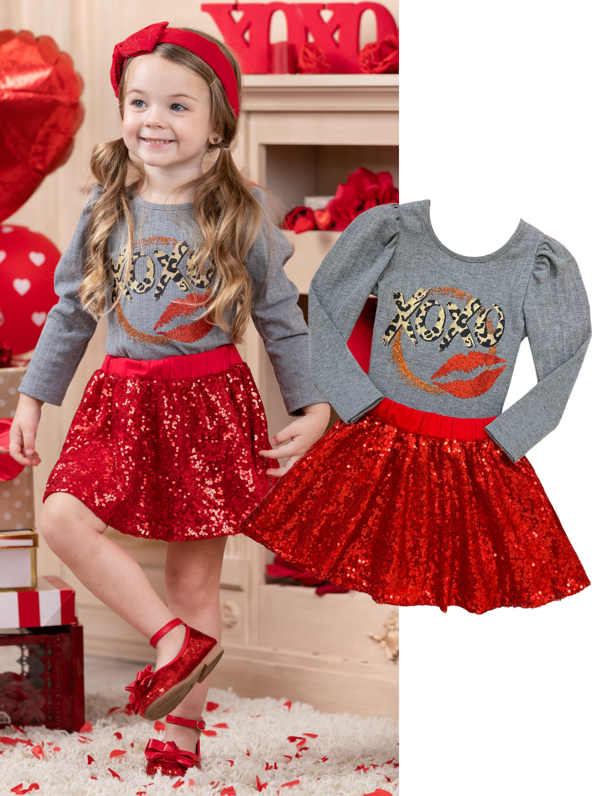 Kids Valentine's Clothes | XOXO Capped Sleeve Top & Sequin Skirt Set