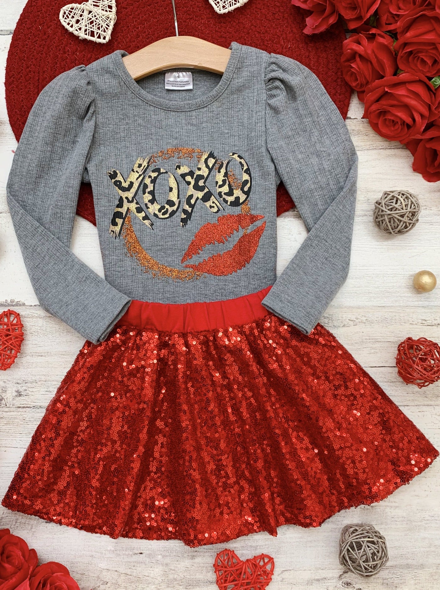 Kids Valentine's Clothes | XOXO Capped Sleeve Top & Sequin Skirt Set