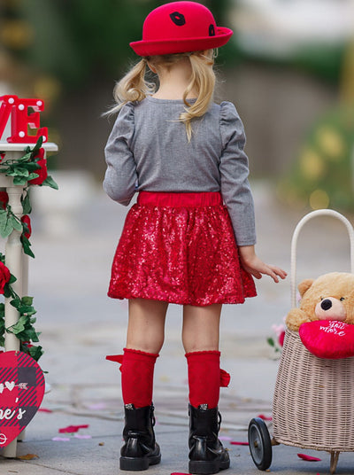 Kids Valentine's Clothes | XOXO Capped Sleeve Top & Sequin Skirt Set