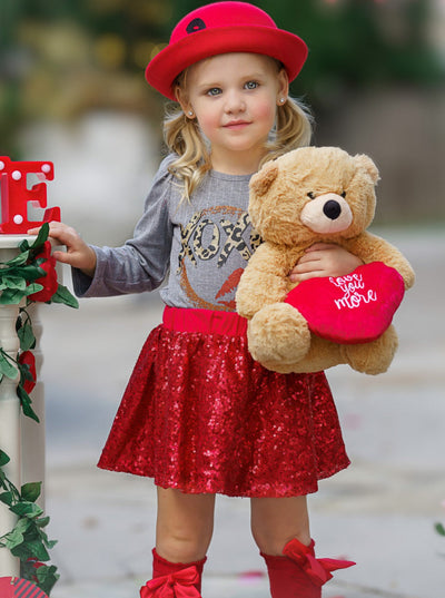 Kids Valentine's Clothes | XOXO Capped Sleeve Top & Sequin Skirt Set