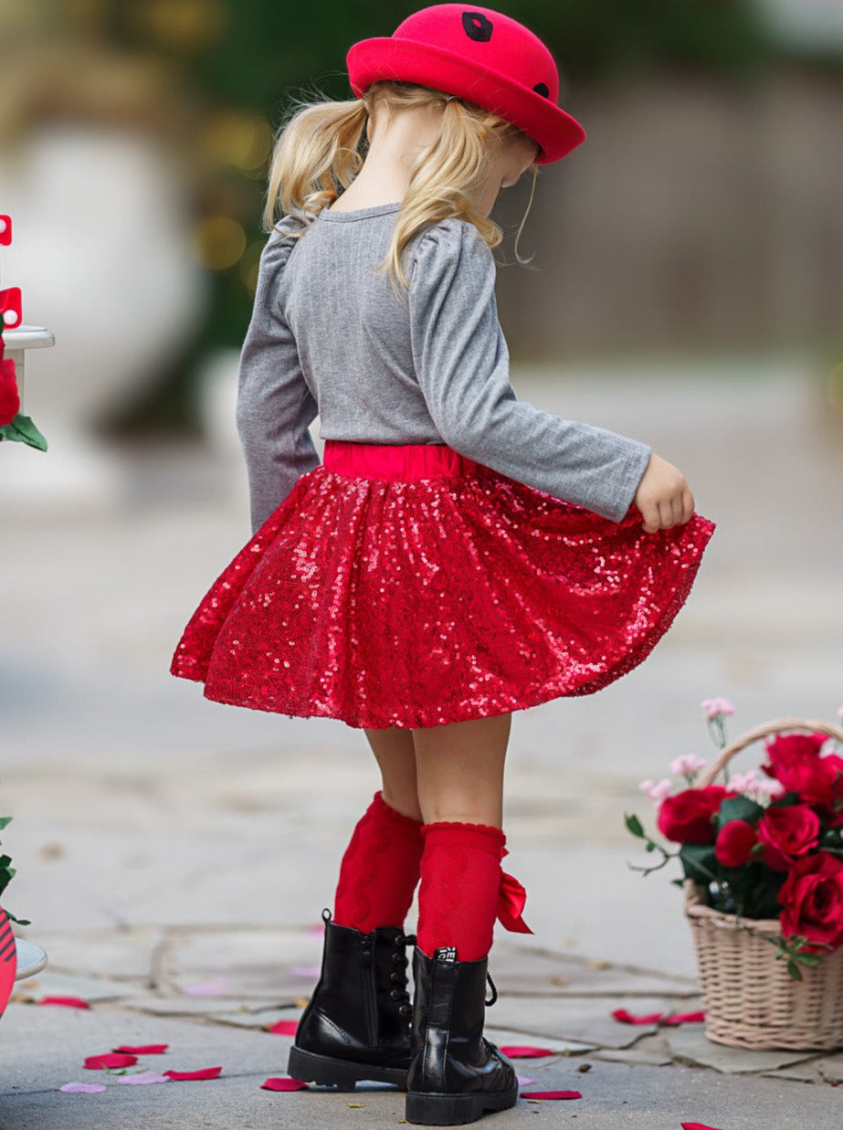 Kids Valentine's Clothes | XOXO Capped Sleeve Top & Sequin Skirt Set