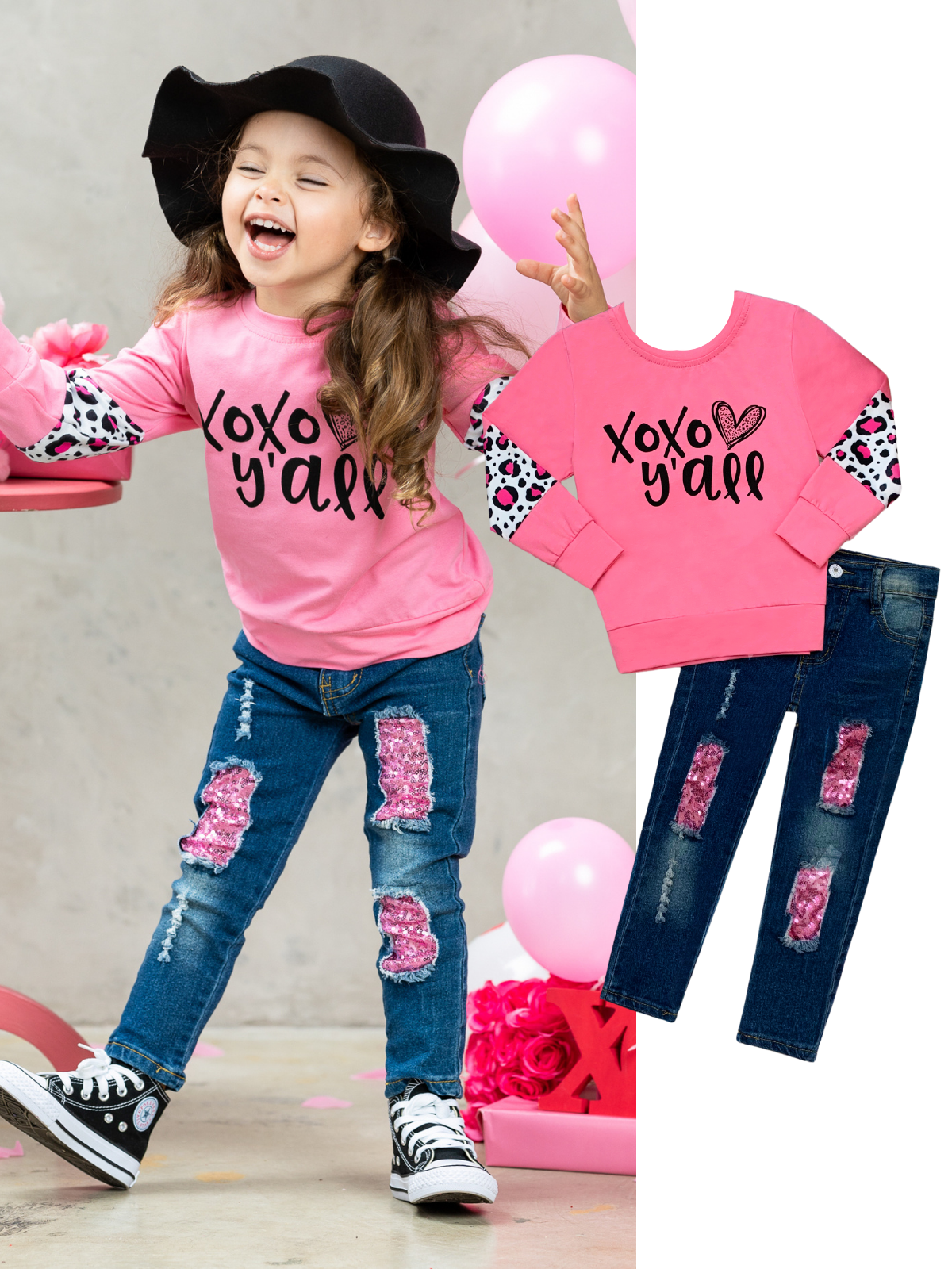 Kids Valentine's Clothes | XOXO Y'all Top & Sequin Patched Jeans Set