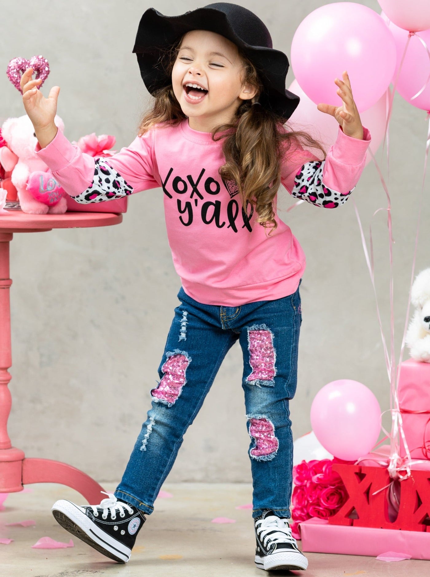 Kids Valentine's Clothes | XOXO Y'all Top & Sequin Patched Jeans Set