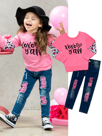 Kids Valentine's Clothes | XOXO Y'all Top & Sequin Patched Jeans Set