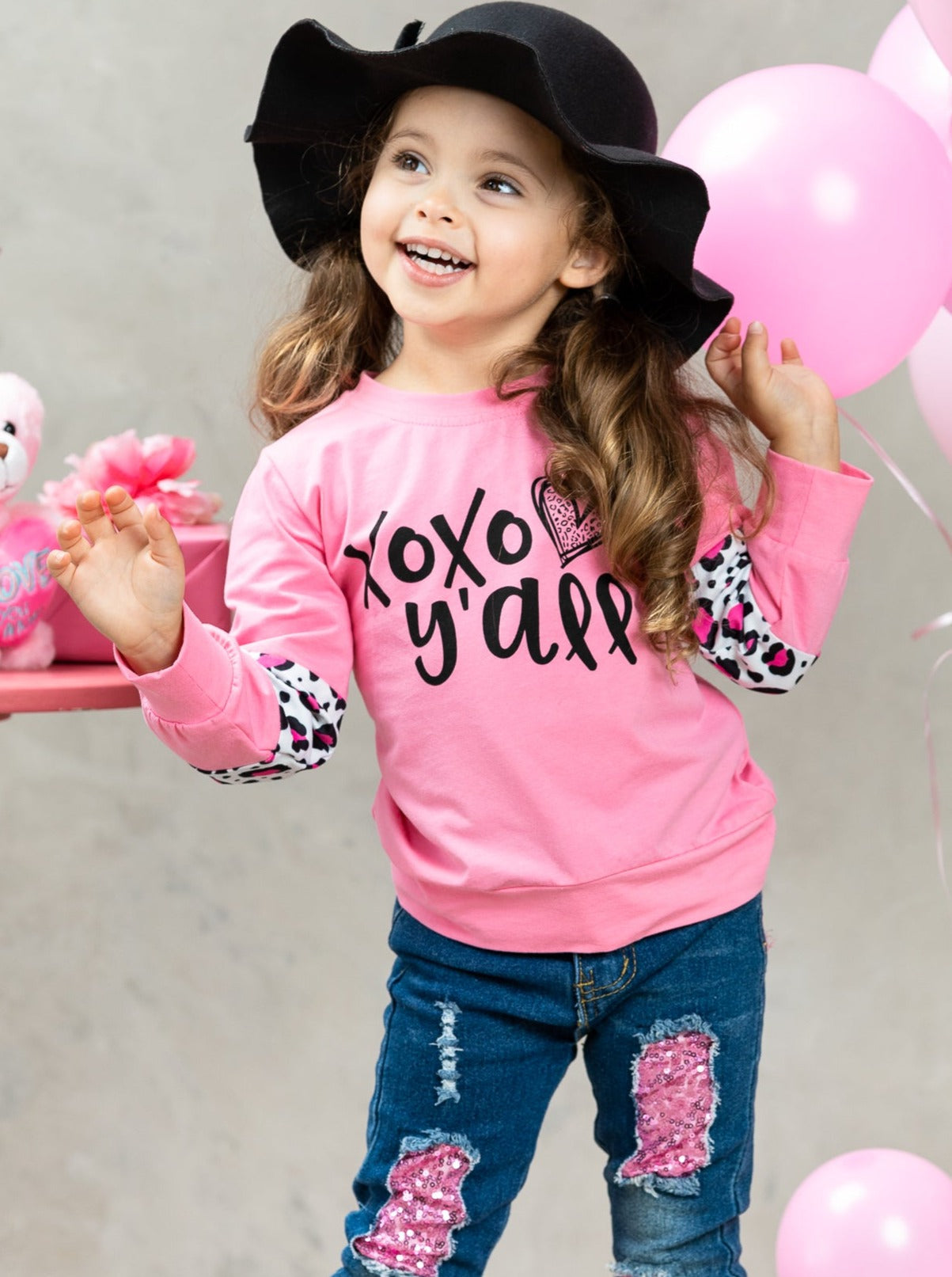 Kids Valentine's Clothes | XOXO Y'all Top & Sequin Patched Jeans Set