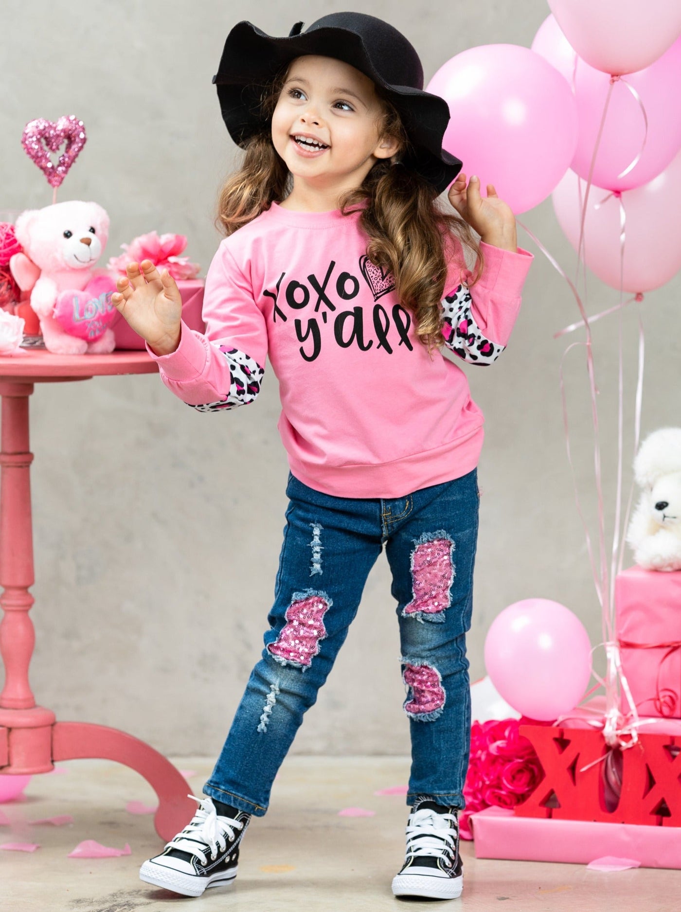 Kids Valentine's Clothes | XOXO Y'all Top & Sequin Patched Jeans Set