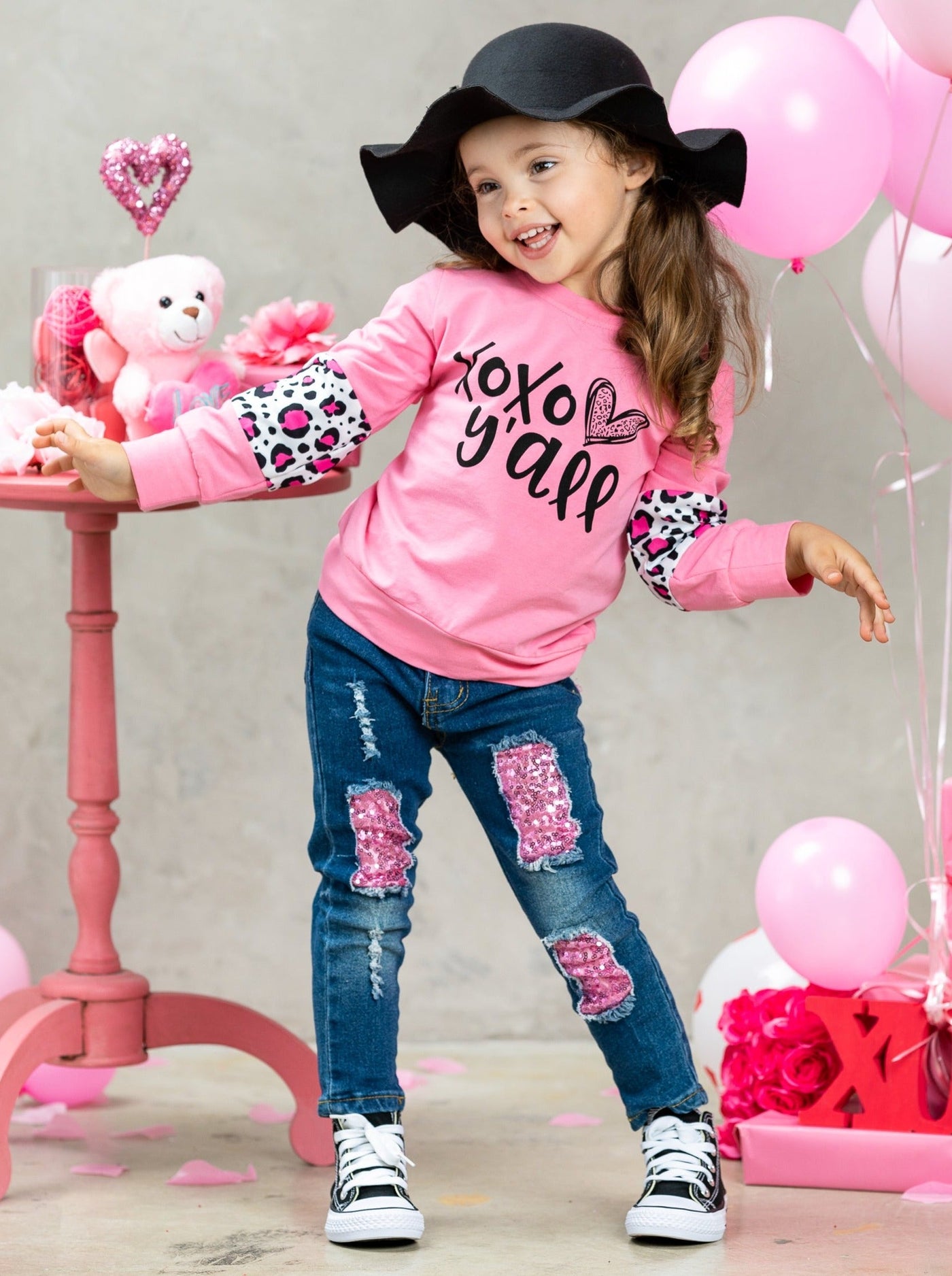 Kids Valentine's Clothes | XOXO Y'all Top & Sequin Patched Jeans Set