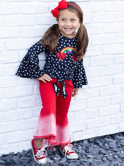 Girls Valentine's Outfit | Polka Dot Knot Hem Top & Bell Bottoms Set 