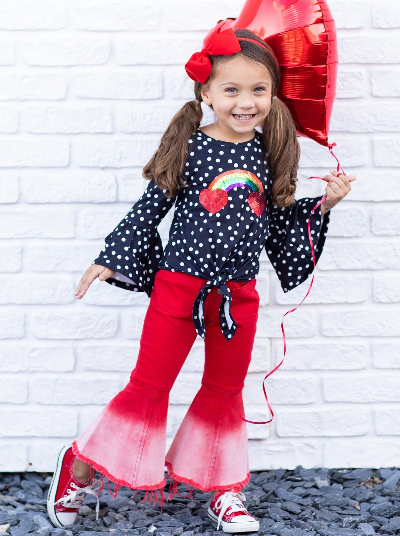 Girls Valentine's Outfit | Polka Dot Knot Hem Top & Bell Bottoms Set 