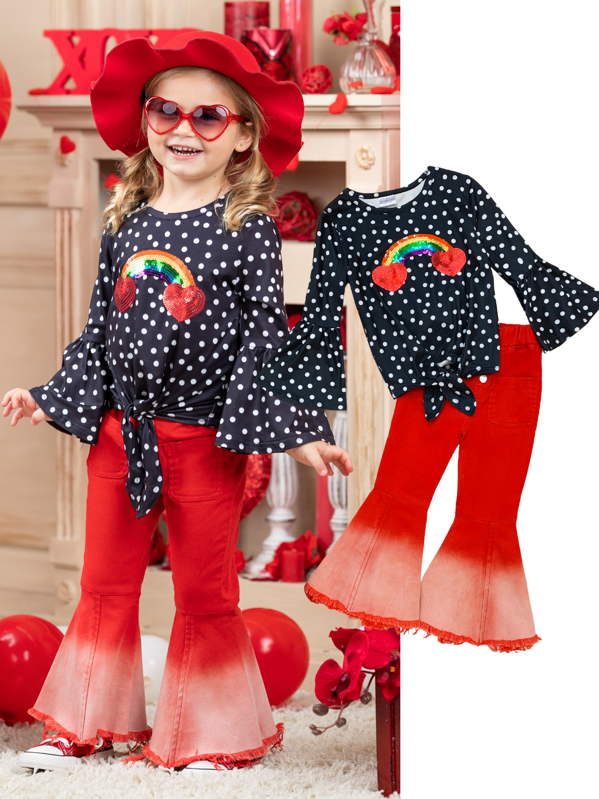 Girls Valentine's Outfit | Polka Dot Knot Hem Top & Bell Bottoms Set 
