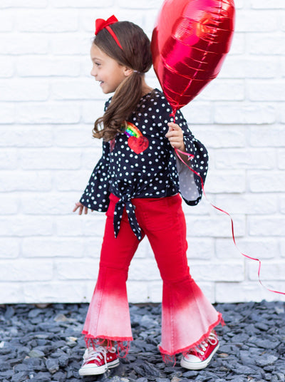 Girls Valentine's Outfit | Polka Dot Knot Hem Top & Bell Bottoms Set 