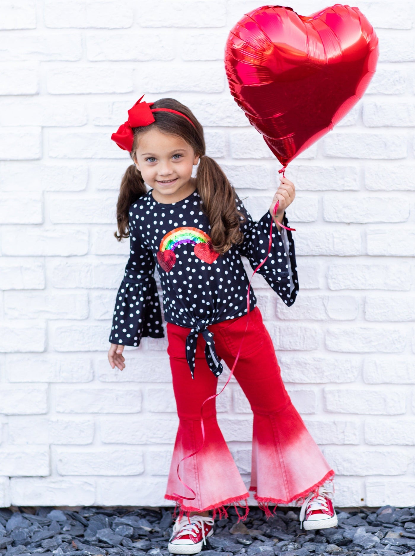 Girls Valentine's Outfit | Polka Dot Knot Hem Top & Bell Bottoms Set 