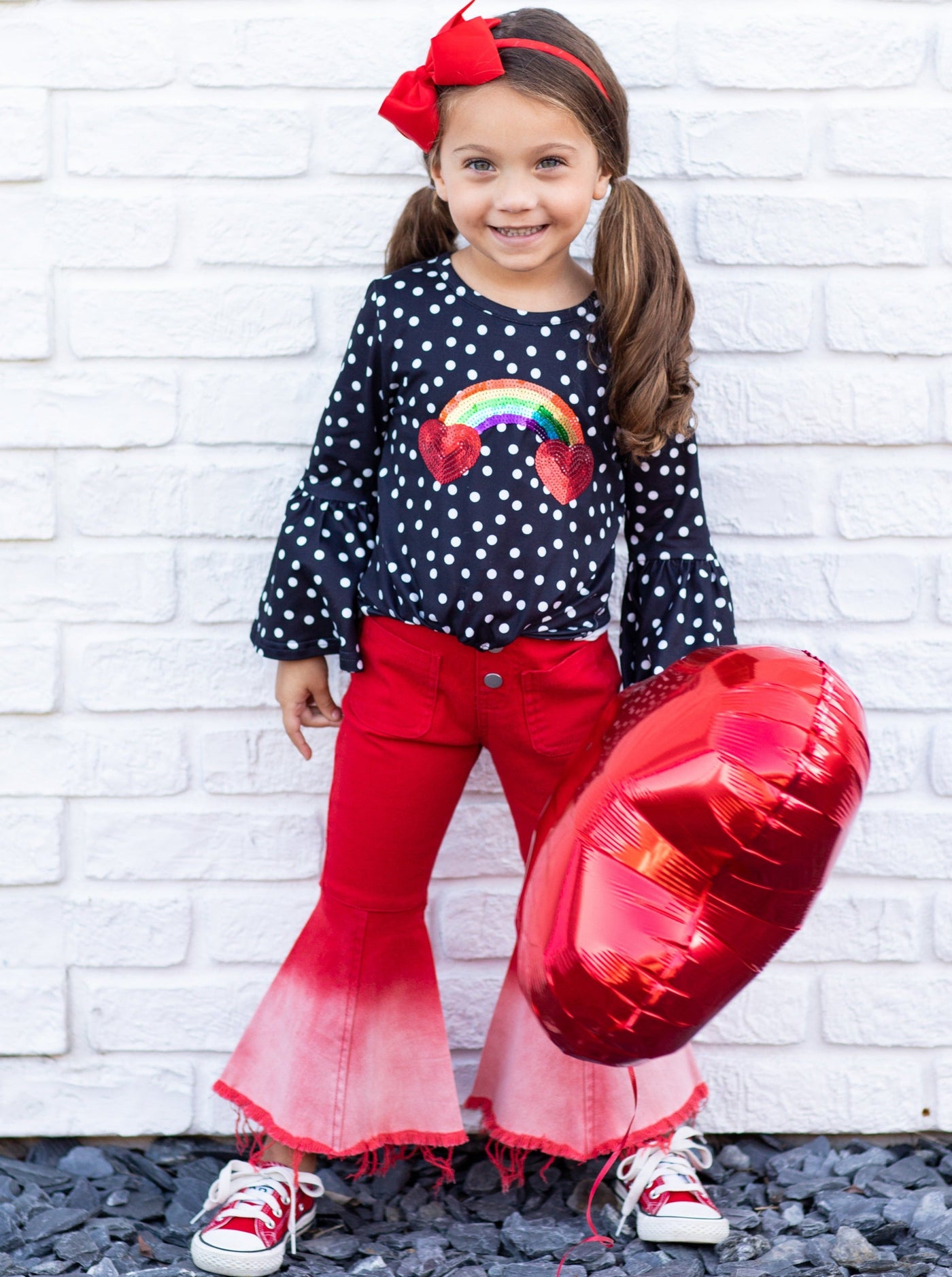 Girls Valentine's Outfit | Polka Dot Knot Hem Top & Bell Bottoms Set 