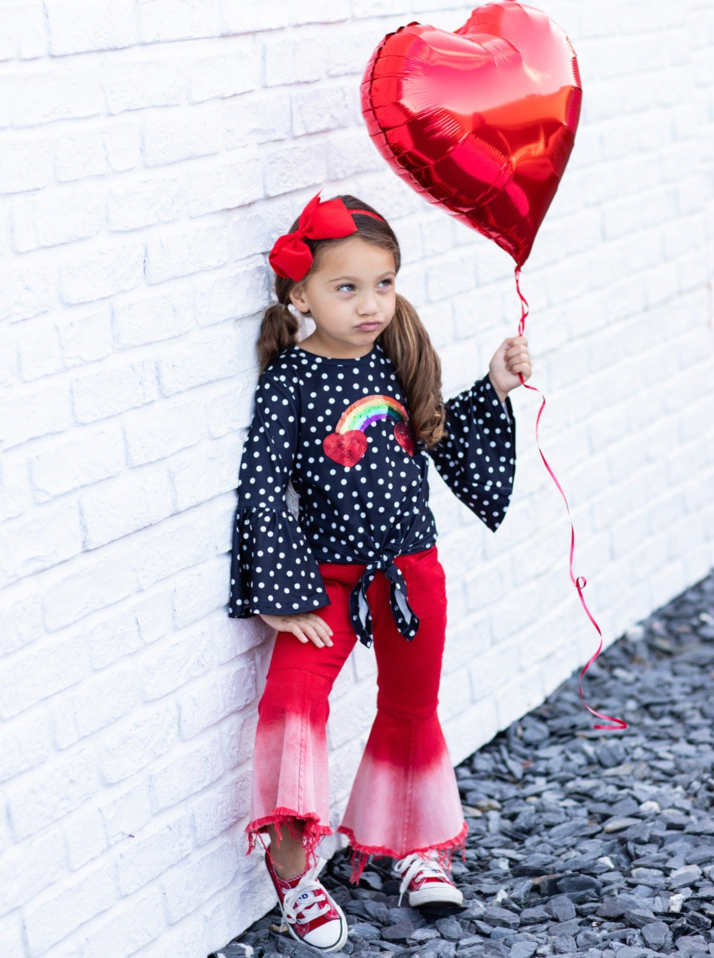 Girls Valentine's Outfit | Polka Dot Knot Hem Top & Bell Bottoms Set 