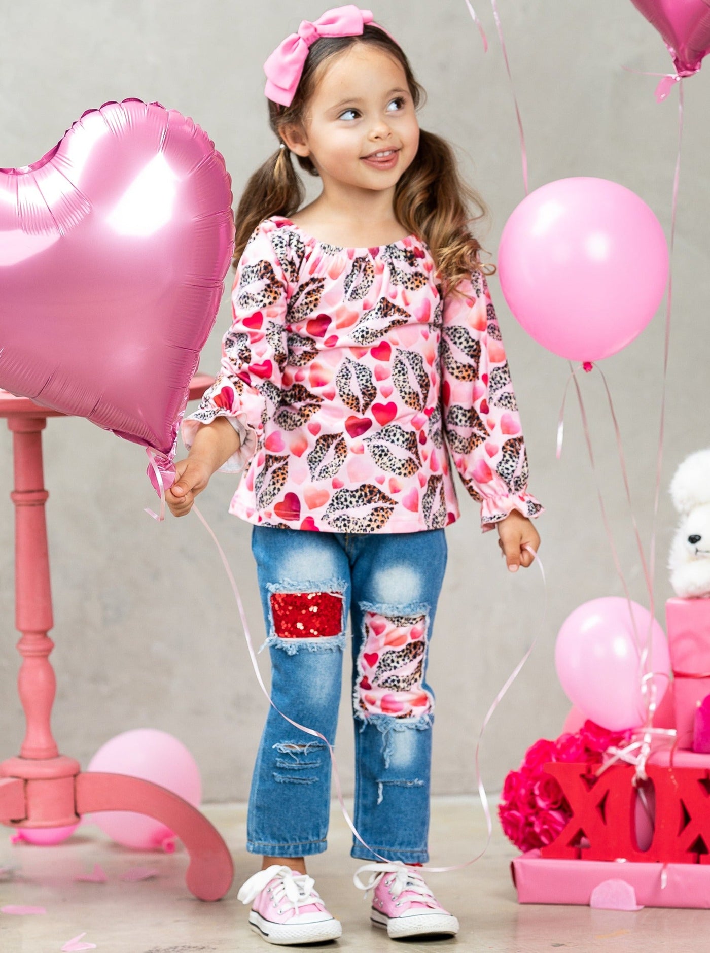 Girls I Heart You Valentine Patterned Top and Distressed Jeans Set with Sash