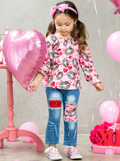 Girls I Heart You Valentine Patterned Top and Distressed Jeans Set with Sash