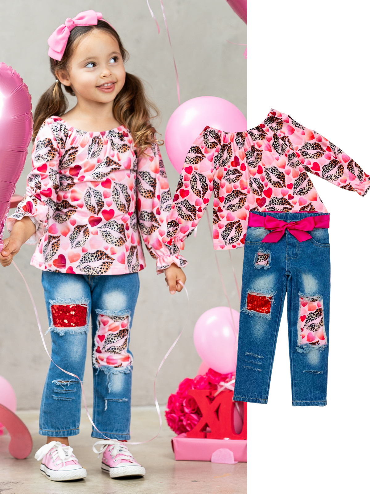 Girls I Heart You Valentine Patterned Top and Distressed Jeans Set with Sash