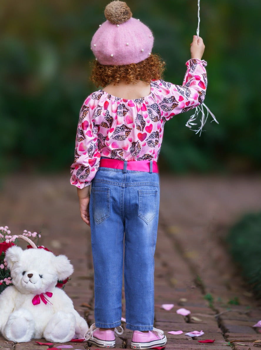 Girls I Heart You Valentine Patterned Top and Distressed Jeans Set with Sash - Mia Belle Girls