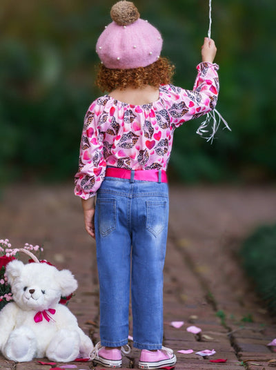 Girls I Heart You Valentine Patterned Top and Distressed Jeans Set with Sash - Mia Belle Girls