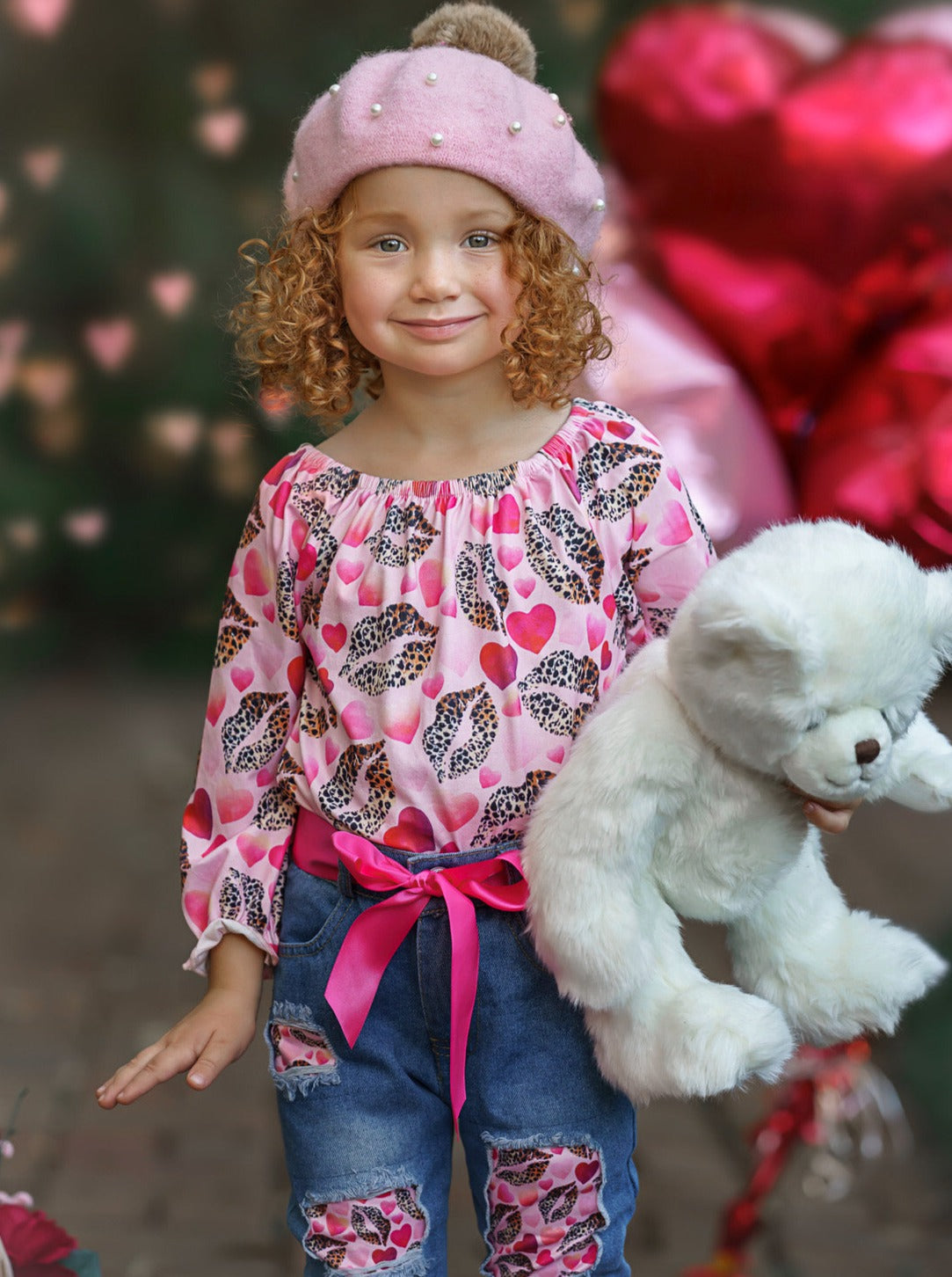 Girls I Heart You Valentine Patterned Top and Distressed Jeans Set with Sash - Mia Belle Girls