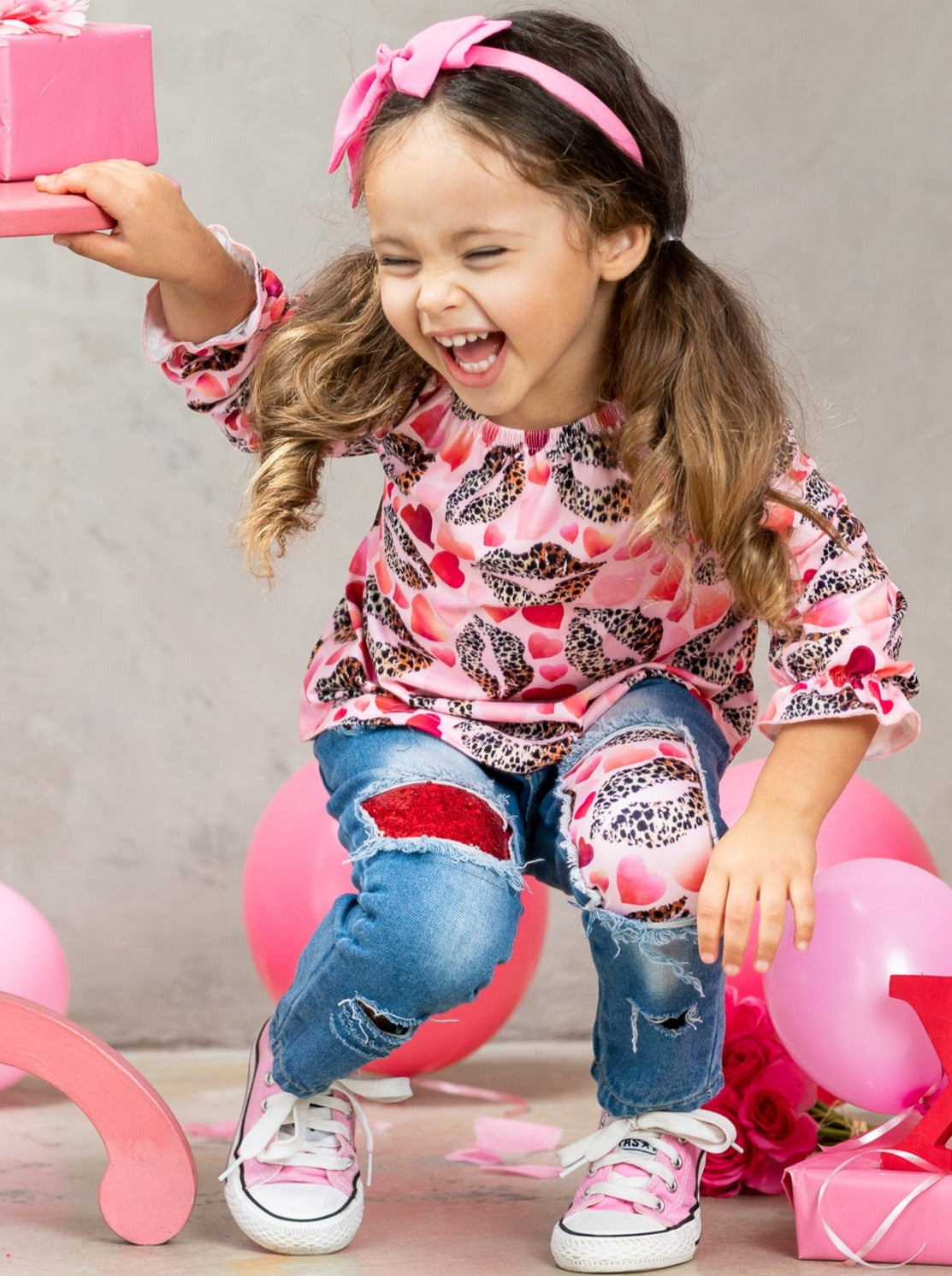 Girls I Heart You Valentine Patterned Top and Distressed Jeans Set with Sash