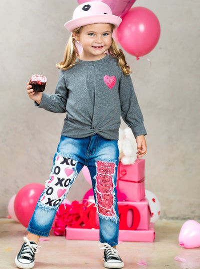 Girls Valentine's Clothes | Knot Hem Top & Sequin Patched Jeans Set